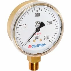 Global Industrial™ 2" Compressed Gas Gauge, 30 PSI, 1/4" NPT LM, Polished Brass