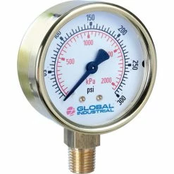 Global Industrial™ 2-1/2" Pressure Gauge, 300 PSI/KPA, 1/4" NPT LM, Polished Brass