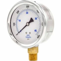 Pic Gauges 4" Pressure Gauge, Liquid Filled, 600 PSI, Stainless Case, Lower Mount, 201L-402K