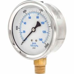 Pic Gauges 4" Pressure Gauge, Liquid Filled, 2000 PSI, Stainless Case, Lower Mount, 201L-402O