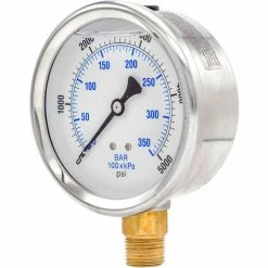 Pic Gauges 4" Pressure Gauge, Liquid Filled, 5000 PSI, Stainless Case, Lower Mount, 201L-402R