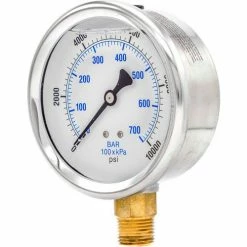 Pic Gauges 4" Pressure Gauge, Liquid Filled, 10,000 PSI, Stainless Case, Lower Mount, 201L-402U