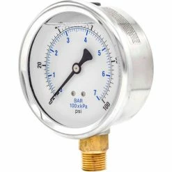 Pic Gauges 4" Pressure Gauge, Liquid Filled, 100 PSI, Stainless Case, Lower Mount, 201L-404E