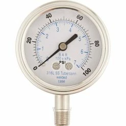 PIC Gauges 2.5" All Stainless Pressure, 1/4" NPT, 0/100 PSI, Dry Fillable, Lower Mount, 301D-254E
