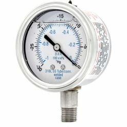 PIC Gauges 2.5" All Stainless Pressure Gauge, 1/4" NPT, 30/0 VAC, Glycerine Filled, LM, 301L-254A
