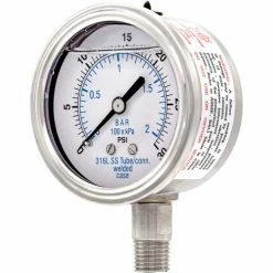 PIC Gauges 2.5" All Stainless Pressure Gauge, 1/4" NPT, 0/30 PSI, Glycerine Filled, LM, 301L-254C