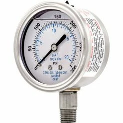 PIC Gauges 2.5" All Stainless Pressure Gauge, 1/4" NPT, 0/300 PSI, Glycerine Filled, LM, 301L-254H
