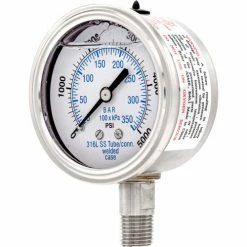 PIC Gauges 2.5" All Stainless Pressure Gauge, 1/4" NPT, 0/5000 PSI, Glycerine Filled, LM, 301L-254R