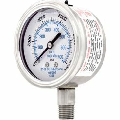 PIC Gauges 2.5" All Stainless Pressure Gauge, 1/4" NPT, 0/10,000 PSI, Glycerine Fill, LM, 301L-254U