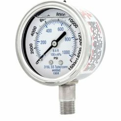PIC Gauges 2.5" All Stainless Pressure Gauge, 1/4" NPT, 0/15,000 PSI, Glycerine Fill, LM, 301L-254V