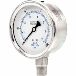 Pic Gauges 4" Pressure Gauge, Liquid Fill, 100 PSI, All Stainless Steel, Lower Mount, 301L-402E