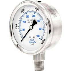 Pic Gauges 4" Pressure Gauge, Liquid Fill, 10000 PSI, All Stainless Steel, Lower Mount, 301L-402U