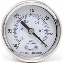 PIC Gauges 2.5" All SS Pressure Gauge, 1/4" NPT, 30/0 VAC, Dry Fillable, Ctr Back Mount, 302D-254A