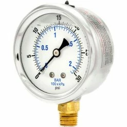 Pic Gauges 2-1/2" Vacuum Gauge, Liquid Filled, 30 PSI, Stainless Case, Lower Mount, PRO-201L-254C