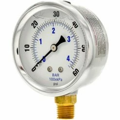 Pic Gauges 2-1/2" Pressure Gauge, Liquid Filled, 60 PSI, Stainless Case, Lower Mount, PRO-201L-254D