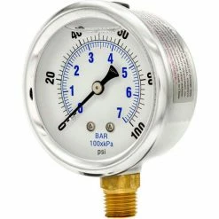 Pic Gauges 2-1/2" Vacuum Gauge, Liquid Filled, 100 PSI, Stainless Case, Lower Mount, PRO-201L-254E
