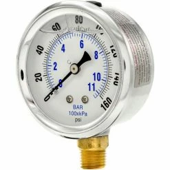 Pic Gauges 2-1/2" Vacuum Gauge, Liquid Filled, 160 PSI, Stainless Case, Lower Mount, PRO-201L-254F