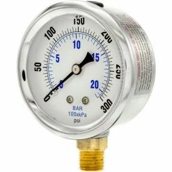 Pic Gauges 2-1/2" Vacuum Gauge, Liquid Filled, 300 PSI, Stainless Case, Lower Mount, PRO-201L-254H