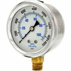 Pic Gauges 2-1/2" Vacuum Gauge, Liquid Filled, 1500 PSI, Stainless Case, Lower Mount, PRO-201L-254N