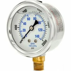 Pic Gauges 2-1/2" Vacuum Gauge, Liquid Filled, 2000 PSI, Stainless Case, Lower Mount, PRO-201L-254O