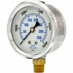 Pic Gauges 2-1/2" Vacuum Gauge, Liquid Filled, 5000 PSI, Stainless Case, Lower Mount, PRO-201L-254P