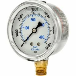 Pic Gauges 2-1/2" Vacuum Gauge, Liquid Filled, 6000 PSI, Stainless Case, Lower Mount, PRO-201L-254R