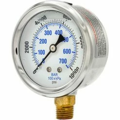 Pic Gauges 2-1/2" Vacuum Gauge, Liquid Filled, 10,000 PSI, SS Case, Lower Mount, PRO-201L-254S
