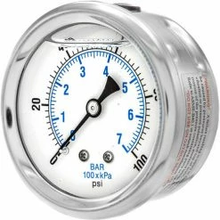 Pic Gauges 2 1/2" Pressure Gauge, Liquid Filled, 100 PSI, SS Case, Center Back Mount, PRO-202L-254E