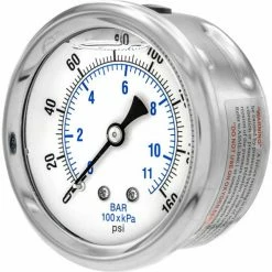 Pic Gauges 2 1/2" Pressure Gauge, Liquid Filled, 160 PSI, SS Case, Center Back Mount, PRO-202L-254F