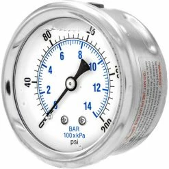 Pic Gauges 2 1/2" Pressure Gauge, Liquid Filled, 200 PSI, SS Case, Center Back Mount, PRO-202L-254G
