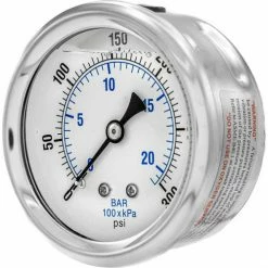 Pic Gauges 2 1/2" Pressure Gauge, Liquid Filled, 300 PSI, SS Case, Center Back Mount, PRO-202L-254H