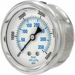 Pic Gauges 2 1/2" Pressure Gauge, Liquid Filled, 5000 PSI, SS Case, Center Back Mount, PRO-202L-254R